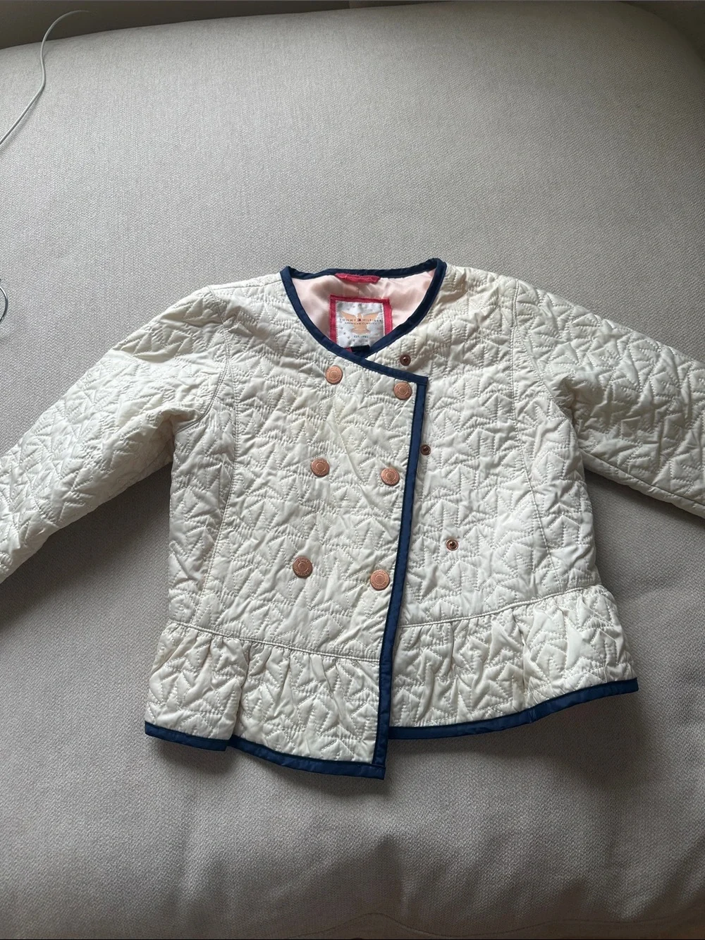Tommy Hilfiger Cream Quilted Pea Coat with Navy Trim